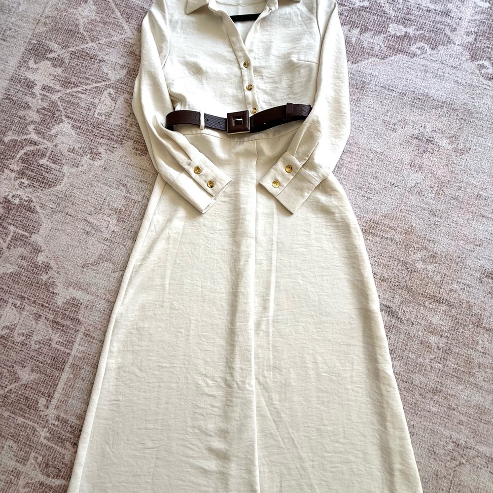Zara Cream Midi Button-Front Shirt Dress with Belt